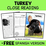 Turkey Close Reading Comprehension Passage Activities + FR