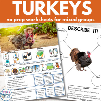 Preview of Turkeys Thanksgiving Themed No Prep Worksheets for Speech Therapy Mixed Groups