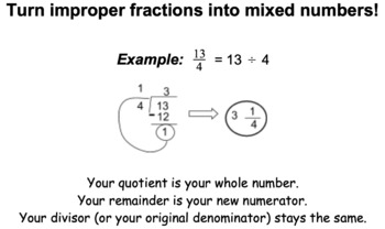 Preview of Turn Improper Fractions/Fractions Greater than 1 to Mixed Numbers Math Scaffold