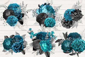 Turquoise and Burgundy Floral Bouquets By Digital Curio