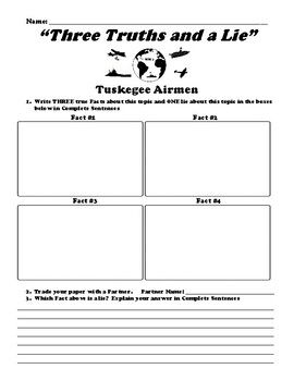 Tuskegee Airmen Three Truths a Lie UDL Worksheet by Northeast Education