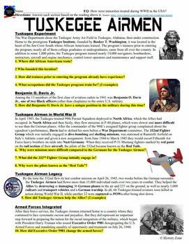 Tuskegee Airmen Worksheet reading with questions by History Zone