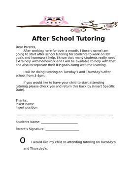 Preview of Tutoring Permission Slip Template