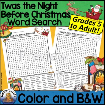 Preview of Twas the Night Before Christmas Word Search Activity Hard for Grades 5 to Adult