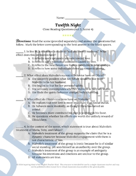 Twelfth Night Quiz and Answer Key Bundle