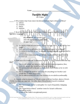 Twelfth Night Quiz and Answer Key Bundle