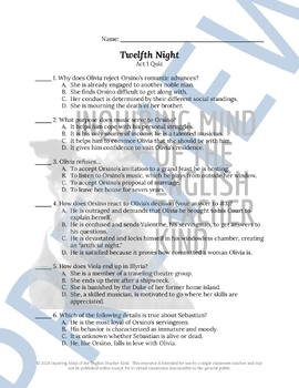 Twelfth Night Quiz and Answer Key Bundle