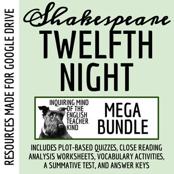 Preview of Twelfth Night Quizzes, Close Readings, Vocabulary Games, Test, and Keys (Google)