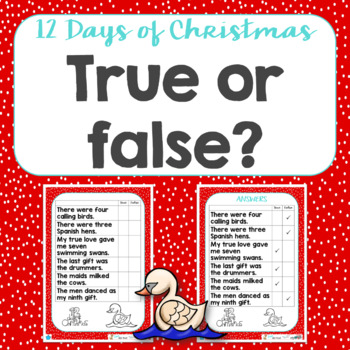 Preview of Twelve Days of Christmas True or False Reading Activity