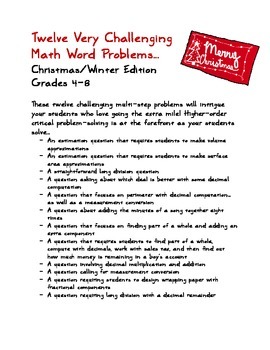Preview of Twelve Very Challenging Math Word Problems for Grades 4-8
