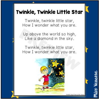 Twinkle, Twinkle Little Star Printable Song Lyrics by Miss Vanessa