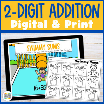Preview of Two Digit Addition Digital and Print Worksheet 1.NBT.C.4 | End of Year Math