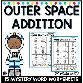 Preview of Two Digit Addition Mystery Word Math Outer Space Worksheets