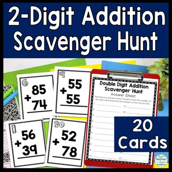 Preview of Two Digit Addition Scavenger Hunt: 20 Addition with Regrouping Task Cards