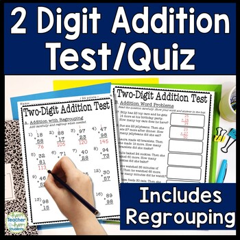 Preview of Two Digit Addition Test | 2 Digit Addition w Regrouping Quiz | Add Double Digits