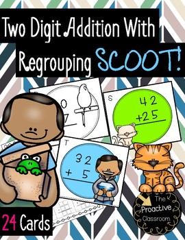 Preview of Double Digit Addition With Regrouping Scoot Game - Pet Theme Math Activities