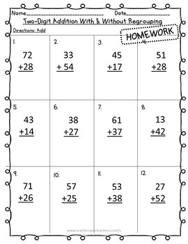 Two-Digit Addition With & Without Regrouping 2 Digit by Second Grade Wonder