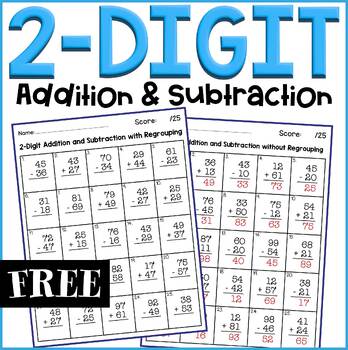 Preview of FREE Two Digit Addition and Subtraction Worksheets With and Without Regrouping