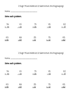 two digit mixed addition and subtraction worksheets no regrouping