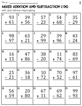 Preview of Two Digit Mixed Addition and Subtraction with and without Regrouping Worksheets