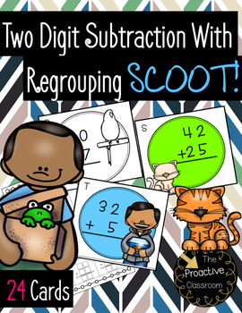 Preview of Double Digit Subtraction With Regrouping Scoot Game - Pet Theme Math Activities