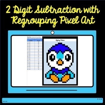 Preview of Two Digit Subtraction with Regrouping Pixel Art Pokemon Piplup Mystery Picture