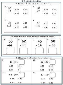 Preview of Two Digit Subtraction without Regrouping Assessment