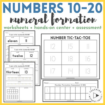 Preview of Kindergarten Teen Number Formation Practice Worksheets, Math Center, Assessment