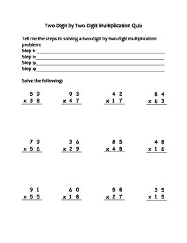 Preview of Two Digit by Two Digit Multiplication Quiz and Answer Key