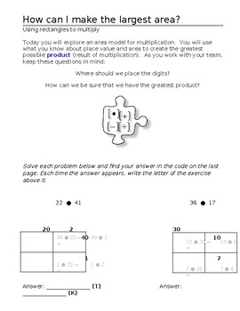 Preview of Two Digit by Two Digit Multiplication Riddle Worksheet Area Model