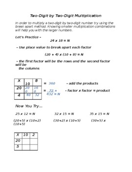 Preview of Two-Digit by Two-Digit Multiplication Using the Break Apart Method