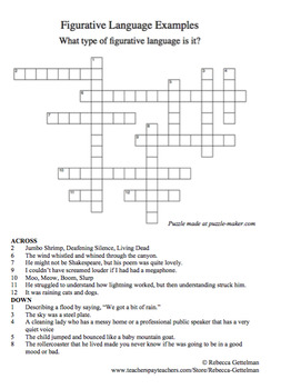 Two Figurative Language Crossword Puzzles by Rebecca Gettelman TPT