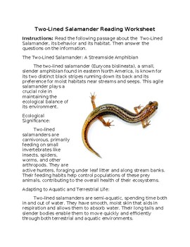 Preview of Two-Lined Salamander Reading Worksheet w/Answer Key **Editable**