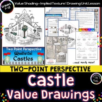 Preview of Drawing Lesson: Two-Point Perspective! How to Draw Castles! Middle School Art