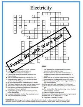 Two Science Crossword Puzzles Over Electricity Features 24 Vocabulary