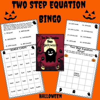 Preview of Halloween Two Step Equation Worksheet | Bingo | 7th and 8th Grade Math Activity