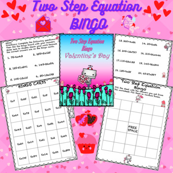 Preview of Valentine's Day Two Step Equation Worksheet | Bingo | 7th and 8th Grade Math