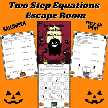 Preview of Halloween Two Step Equation Worksheet | Escape Room | 7th and 8th Grade Math