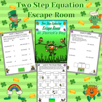 Preview of St. Patrick's Day Two Step Equation Worksheet | Escape Room | 7th/8th Grade Math