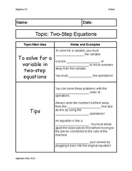 Preview of Two-Step Equation Guided Notes
