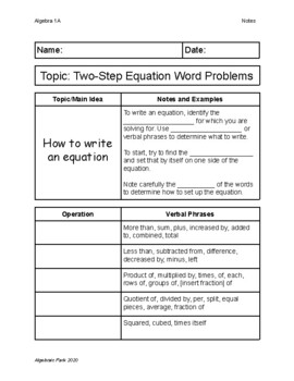 Preview of Two-Step Equation Word Problem Guided Notes