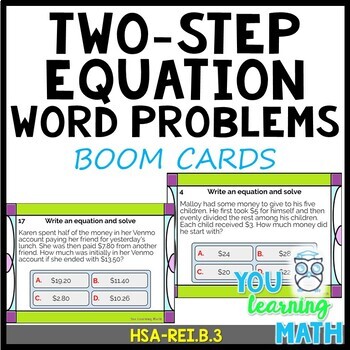 Preview of Two-Step Equation Word Problems: Digital BOOM Cards - 20 Problems
