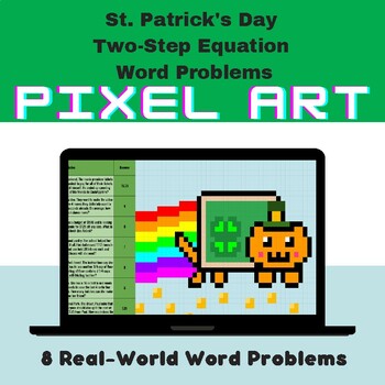 Preview of Two-Step Equation Word Problems St. Patrick's Day Mystery Pixel Art Google Sheet