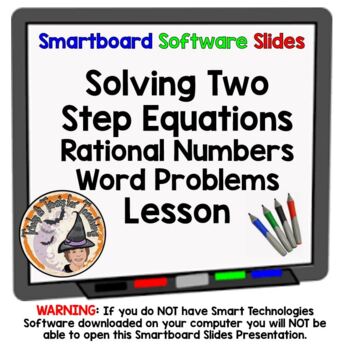 Preview of Solving Two Step Equations Smartboard Slides Lesson Word Problems and Quiz
