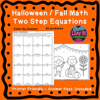 Preview of Halloween Math Solving Equations Two Step Equations Fall Math Color by Number