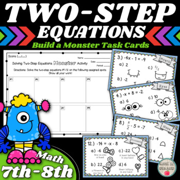 Preview of Two-Step Equations Build a Monster Task Cards Activity
