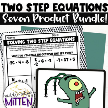 Preview of Solving Two Step Equations Digital & Printable Practice Review Activity BUNDLE