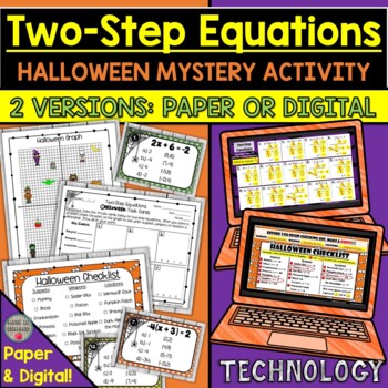 Preview of Two-Step Equations Halloween Task Cards Mystery Activity DIGITAL & PAPER