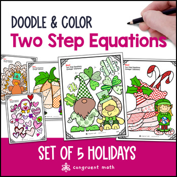 Preview of Two Step Equations Holiday Pack | Doodle Math: Twist on Color by Number