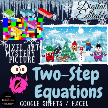 Preview of Two Step Equations January Winter Tetris Math Pixel Art Monsters EDITABLE